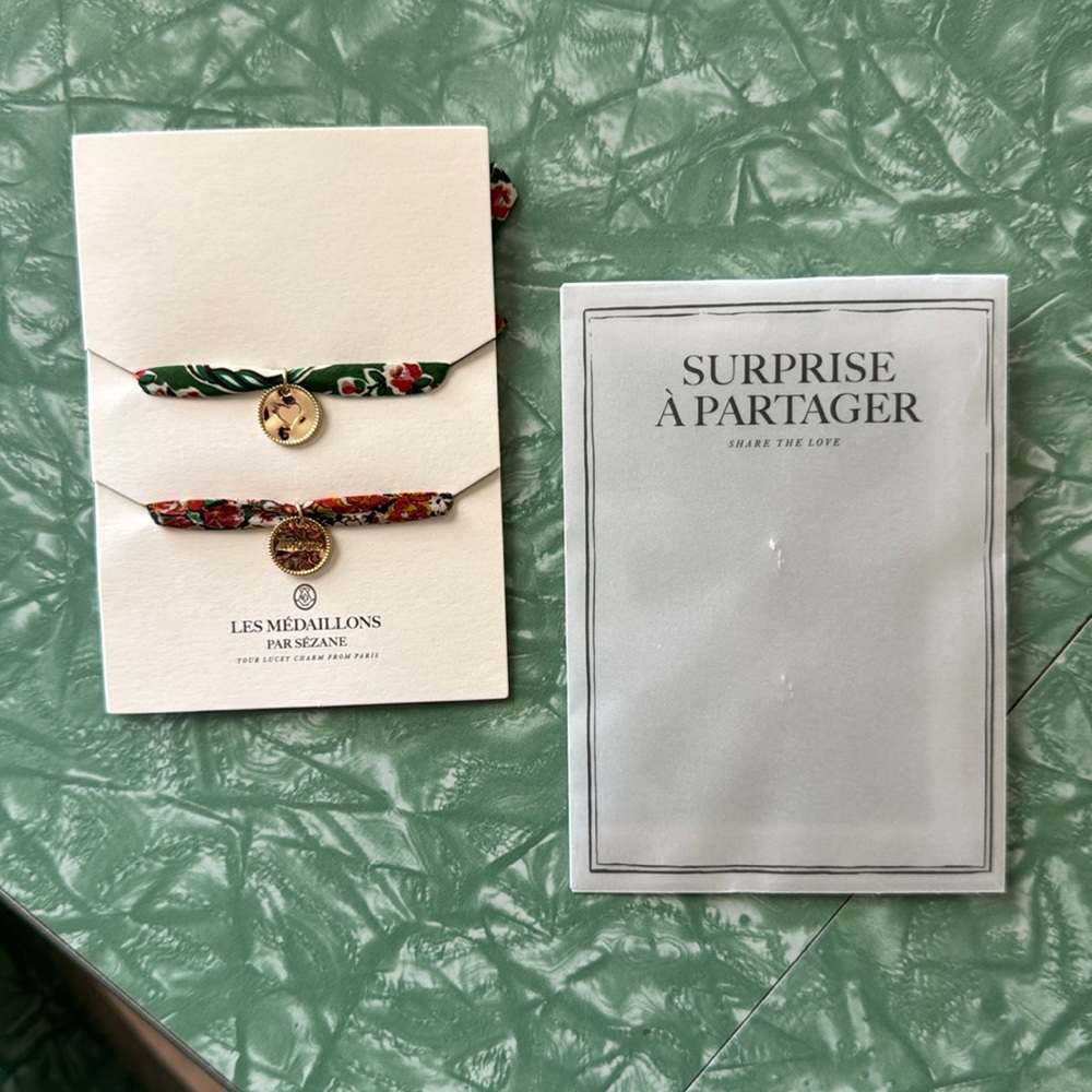 NEW Sézane Floral Liberty Gold Charm Bracelets Set of 2 | Green/Red Multi